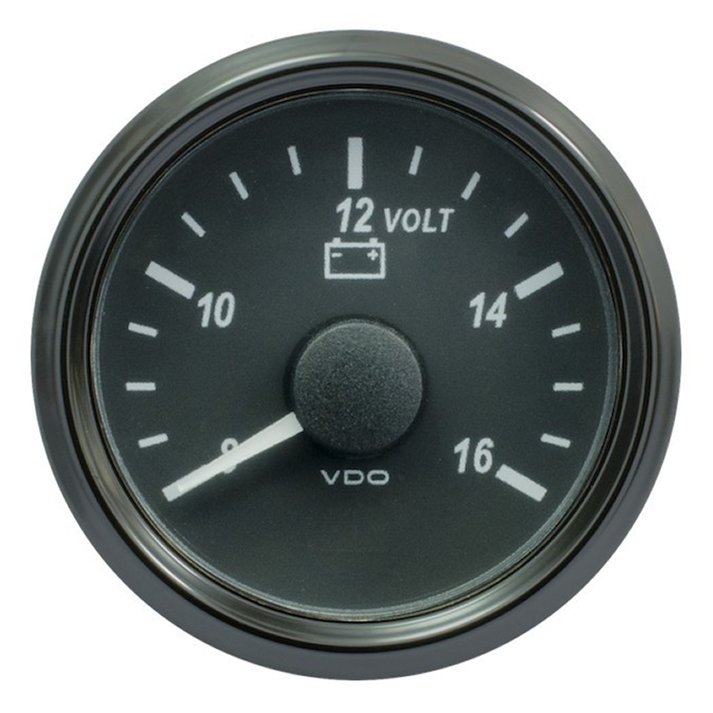 VDO SingleViu 0247 Voltmeter 8-16V Black 52mm White Lighted w Red Pointer